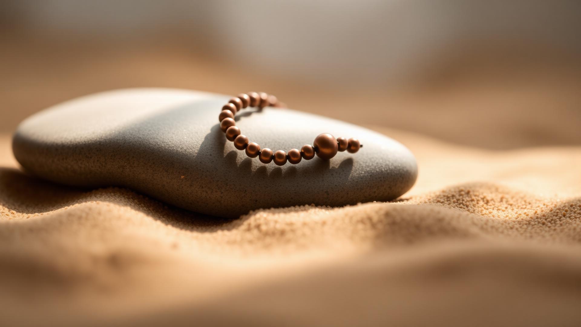 A spiritual bead bracelet resting on a smooth river stone in soft morning light